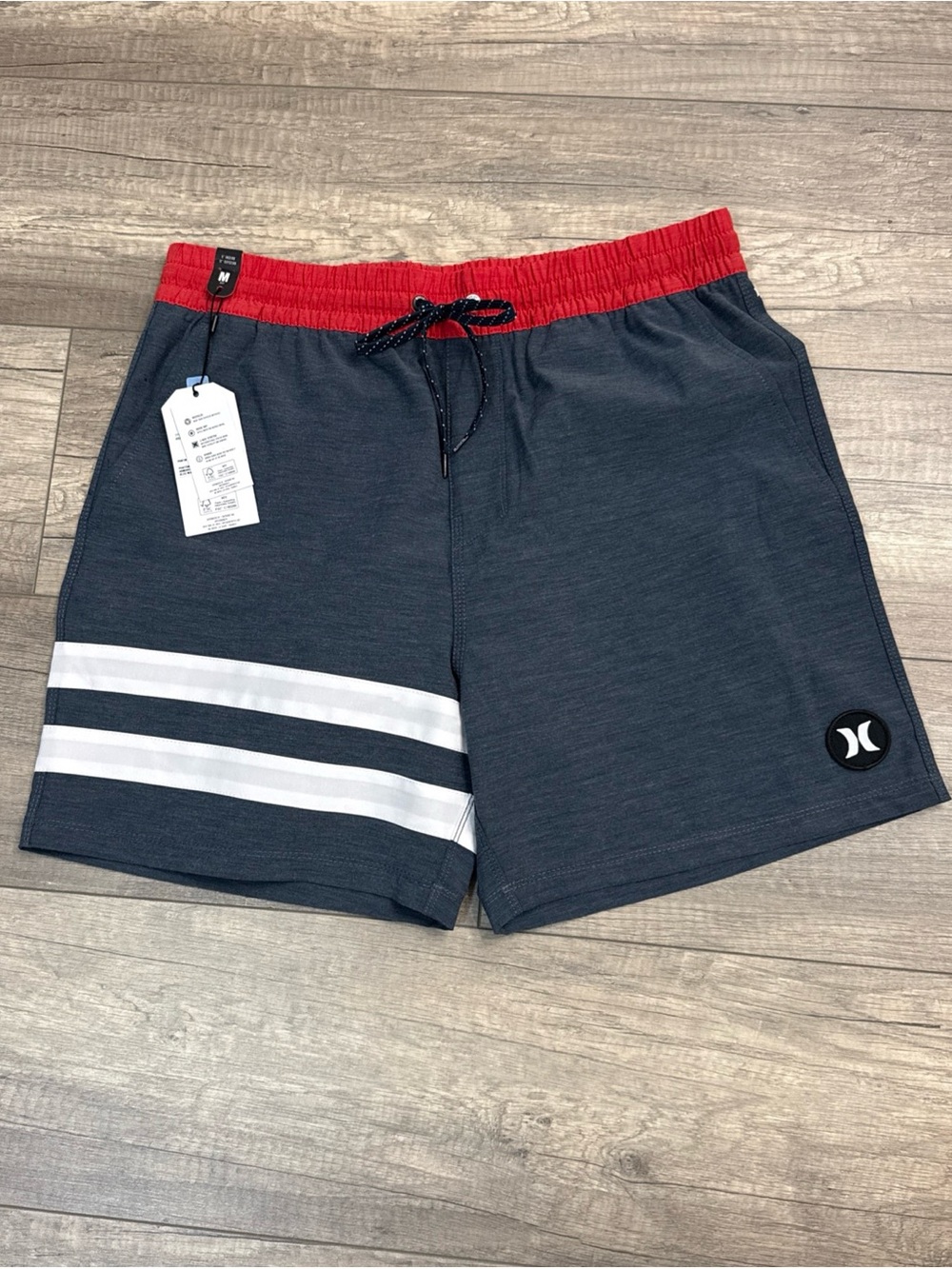 Hurley Men's Navy Swim Board Shorts with Red Waistband and White Stripes